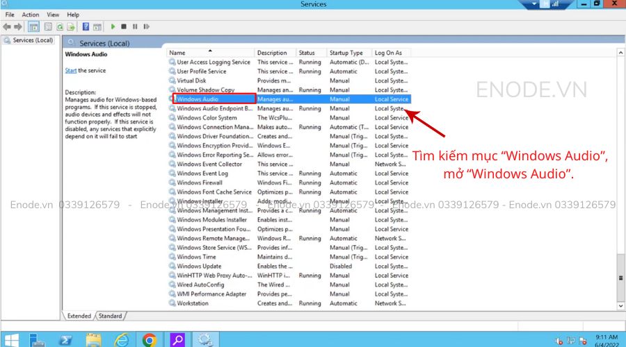 Tìm kiếm mục Windows Audio