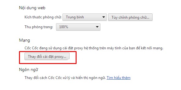 Click vào Thay đổi cài đặt proxy...