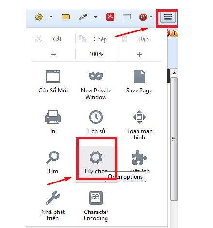 Truy cập vào cài đặt trên Firefox