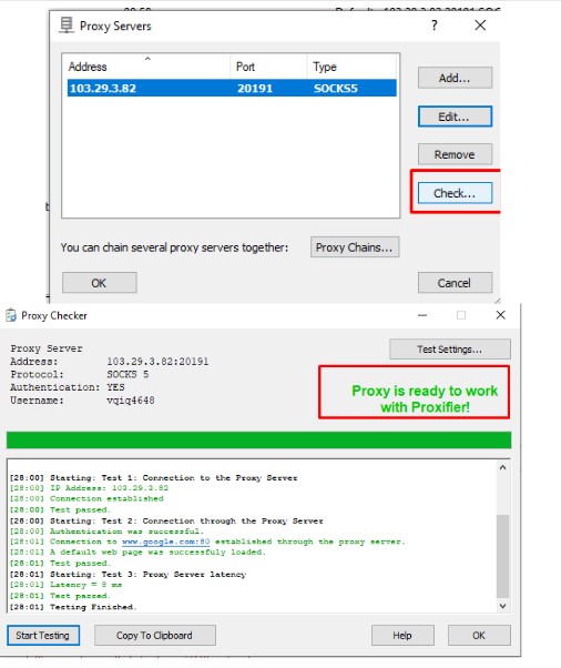 Nhấn vào check để biết được rằng bạn đã đăng nhập Proxy thành công trên phần mềm