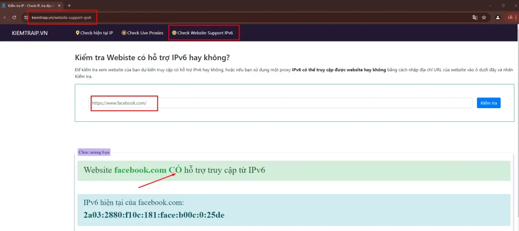 Check website website support IPv6 trên trang kiemtraip