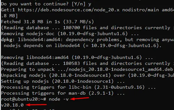 Cài đặt Node.js 20 thành công trên VPS Ubuntu 20.04