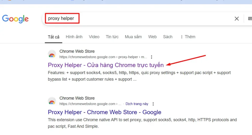 Truy cập vào Chrome và tìm kiếm Proxy Helper