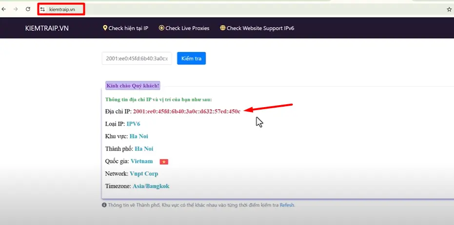Kiểm tra IPv6 đã thay đổi thành công trên Chrome qua trang web kiemtraip.vn