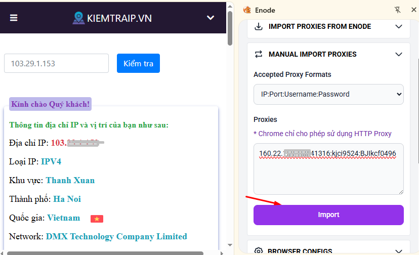 Thêm Proxy thủ công trên tiện ích