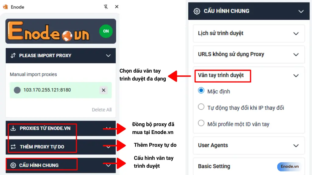 Thêm Proxy và dấu vân tay trình duyệt trên Enode Extension