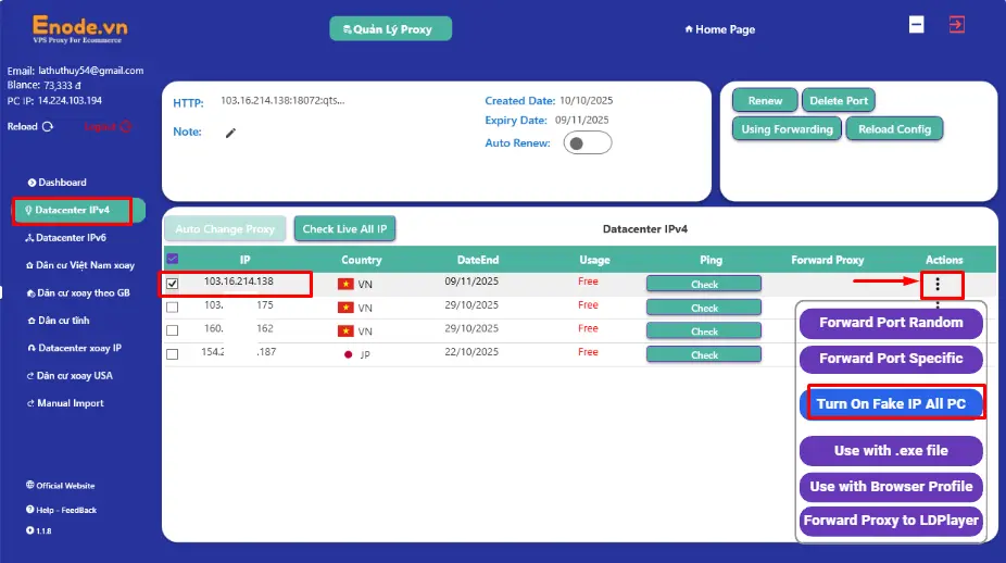Chọn gói Proxy mà bạn đã mua trên Enode.vn và cần sử dụng