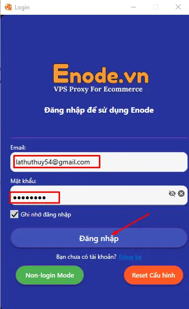 Đăng nhập tài khoản Enode.vn trên App Enode Proxy Client
