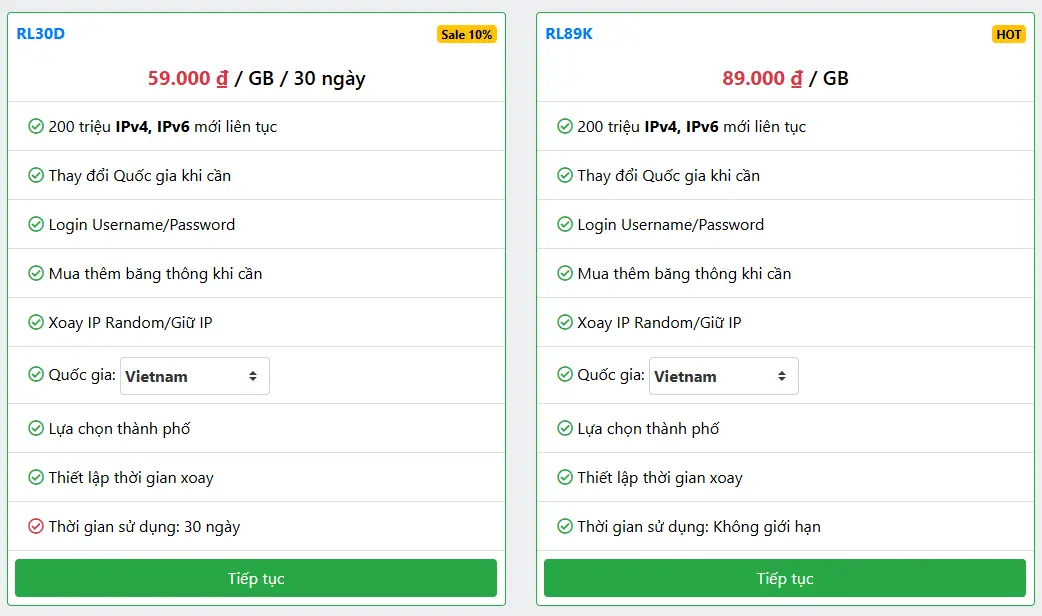 Một số gói Proxy dân cư xoay GB tại Enode