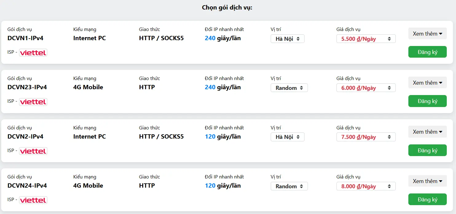 Tham khảo proxy xoay dân cư Việt Nam ISP Viettel tại Enode.vn