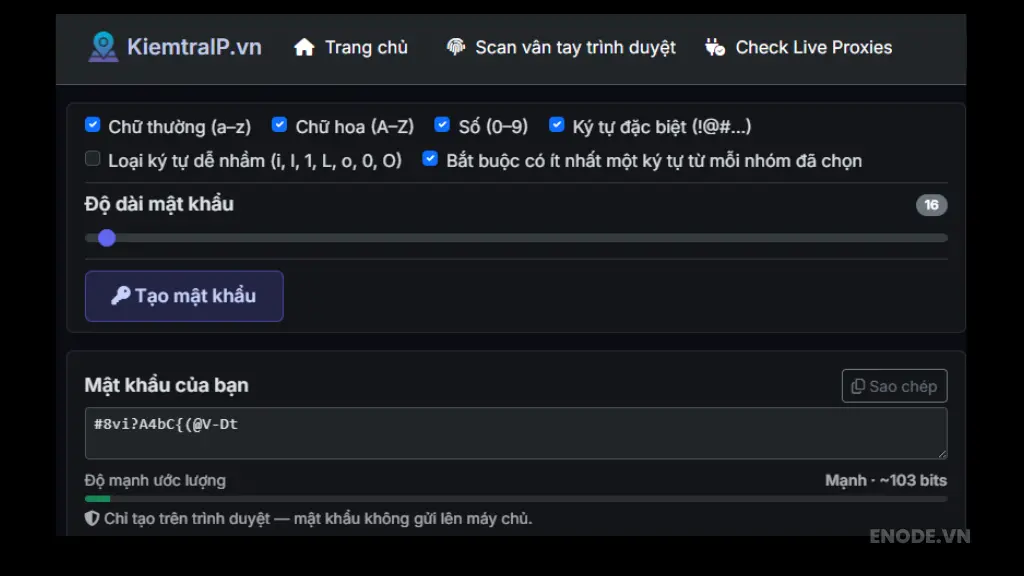 Chọn các loại ký tự muốn sử dụng cho mật khẩu của bạn tại kiemtraip.vn