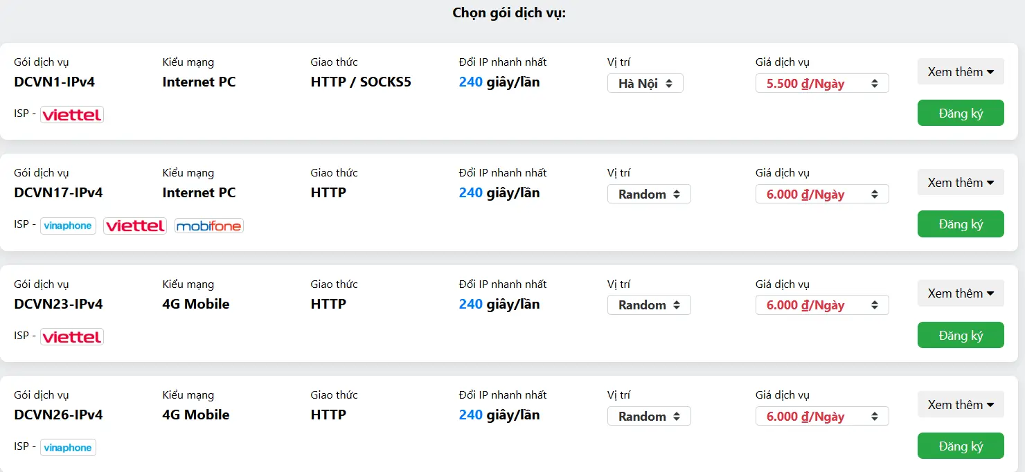 Tham khảo các gói proxy dân cư xoay Việt Nam theo ngày tại Enode