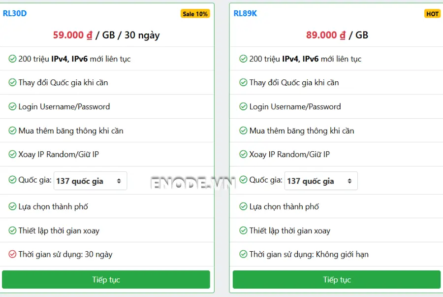 Tham khảo các gói Proxy dân cư xoay US theo GB tại Enode