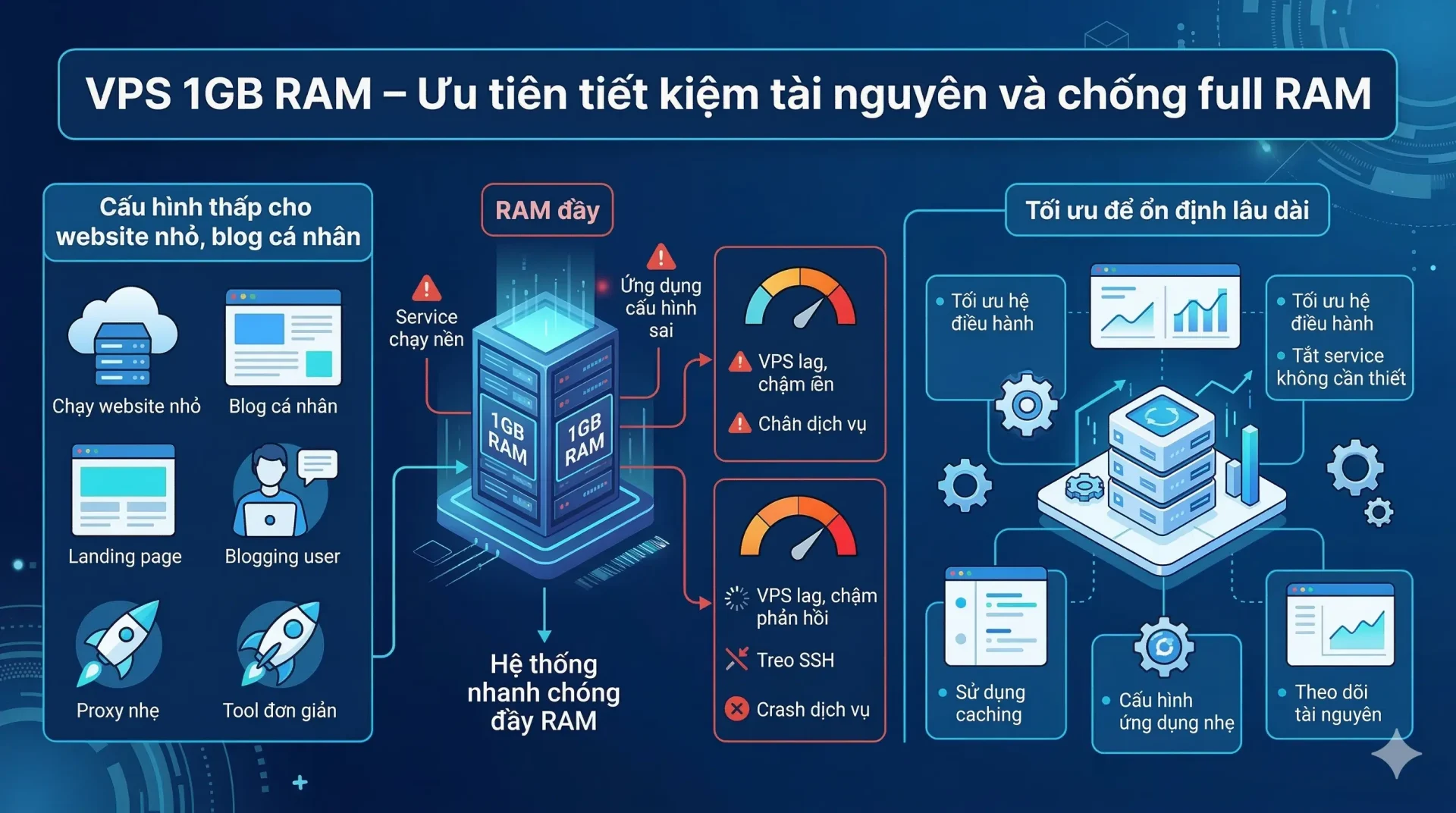 VPS 1GB RAM bộ nhớ khá hạn chế cần tối ưu để tiết kiệm tài nguyên